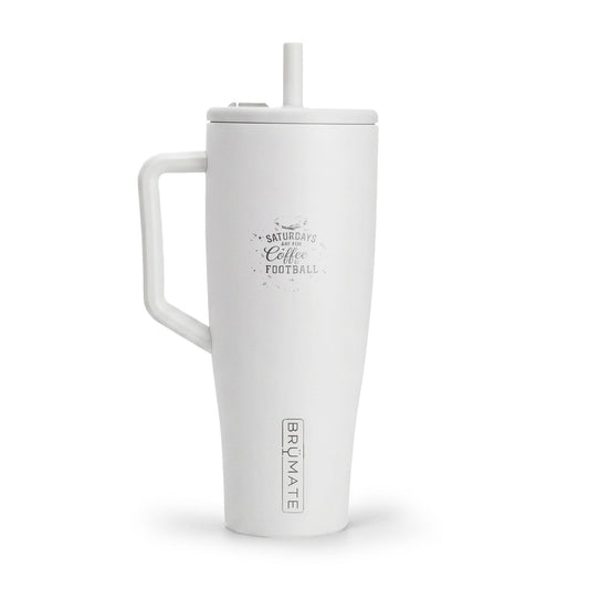 White insulated mug with handle and straw on a white background