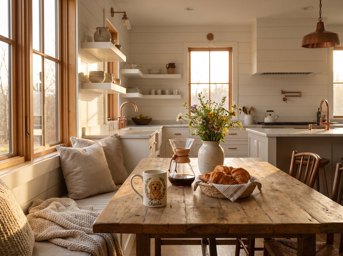 Cozy farmhouse kitchen featuring personalized coffee mugs on a wooden countertop.