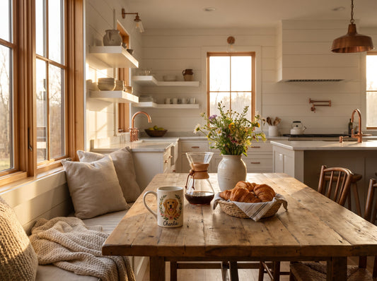 Cozy farmhouse kitchen featuring personalized coffee mugs on a wooden countertop.