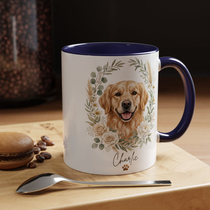 Mug with a dog illustration and floral design on a wooden surface with coffee beans and a macaron.