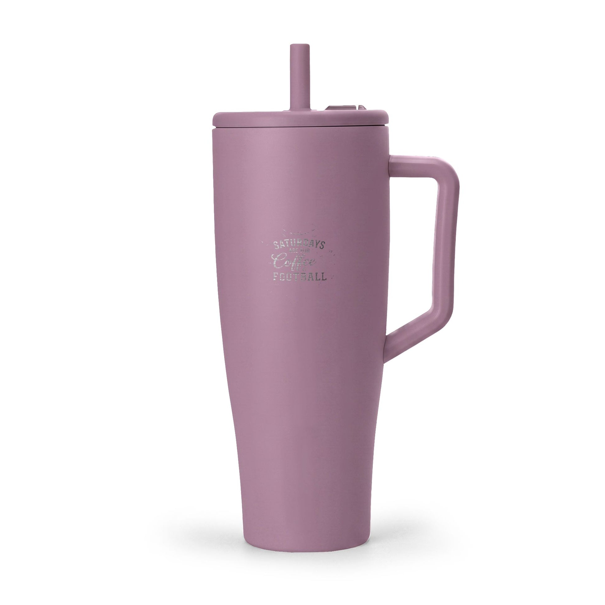 Purple tumbler with a handle and straw on a white background