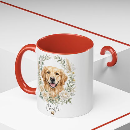 White mug with red interior and handle, featuring a dog illustration and name 'Charlie'.