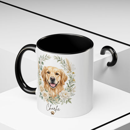 White mug with black interior and handle featuring a golden retriever illustration and the name 'Charlie'.