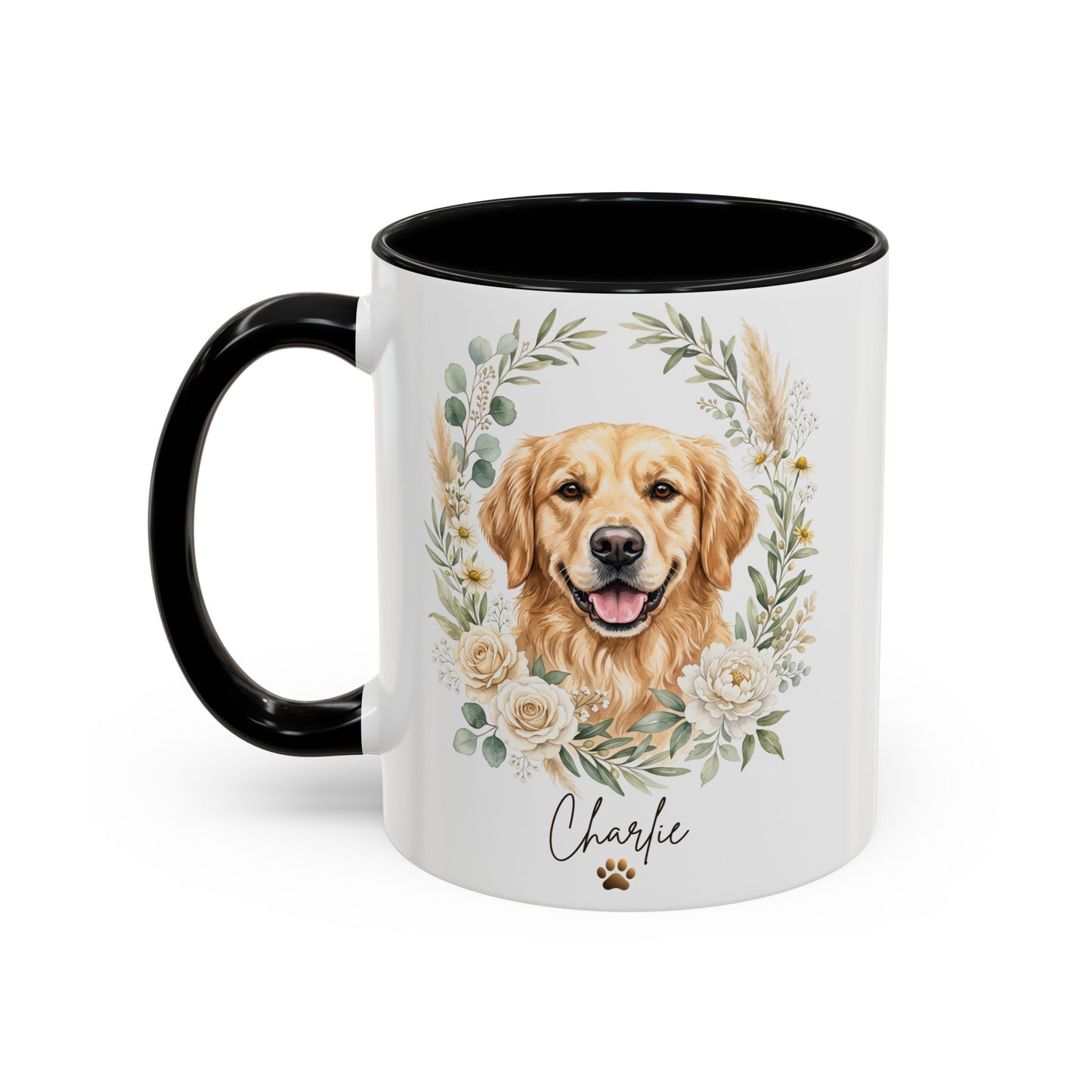 Mug with a golden retriever design and the name 'Charlie' on a white background
