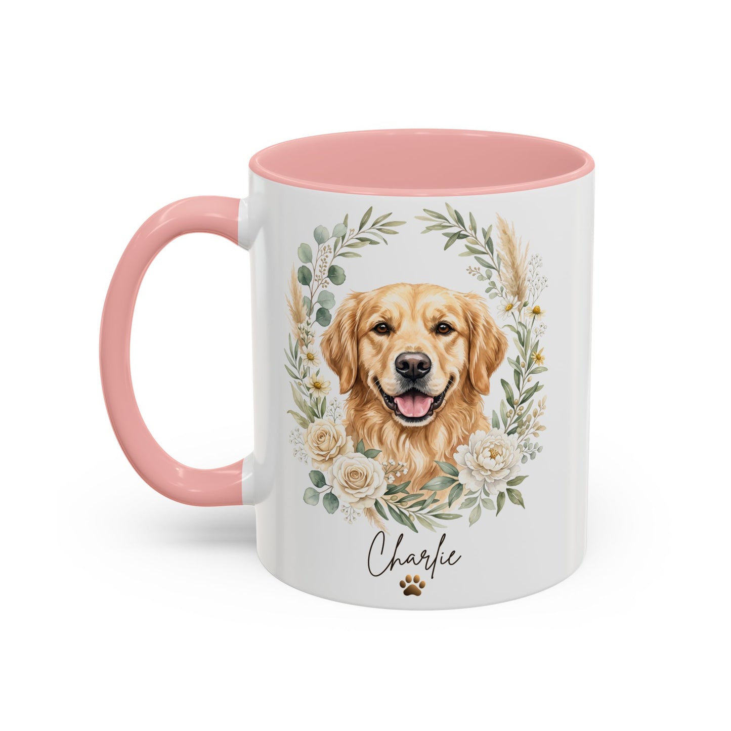 Mug with a golden retriever design and pink interior on a white background