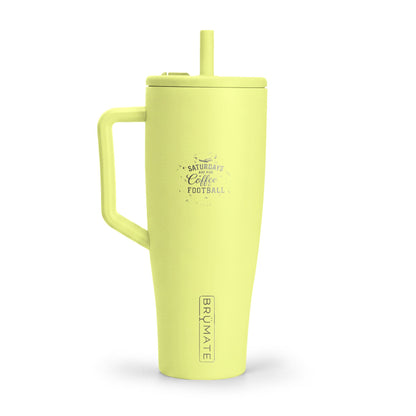 Yellow tumbler with handle and straw on a white background