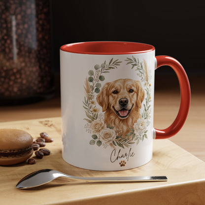 Mug with a dog illustration and 'Charlie' text on a wooden surface with coffee beans and a macaron.