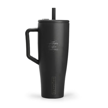 Black insulated mug with handle and straw on a white background