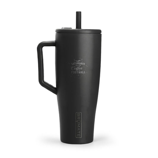 Black insulated mug with handle and straw on a white background