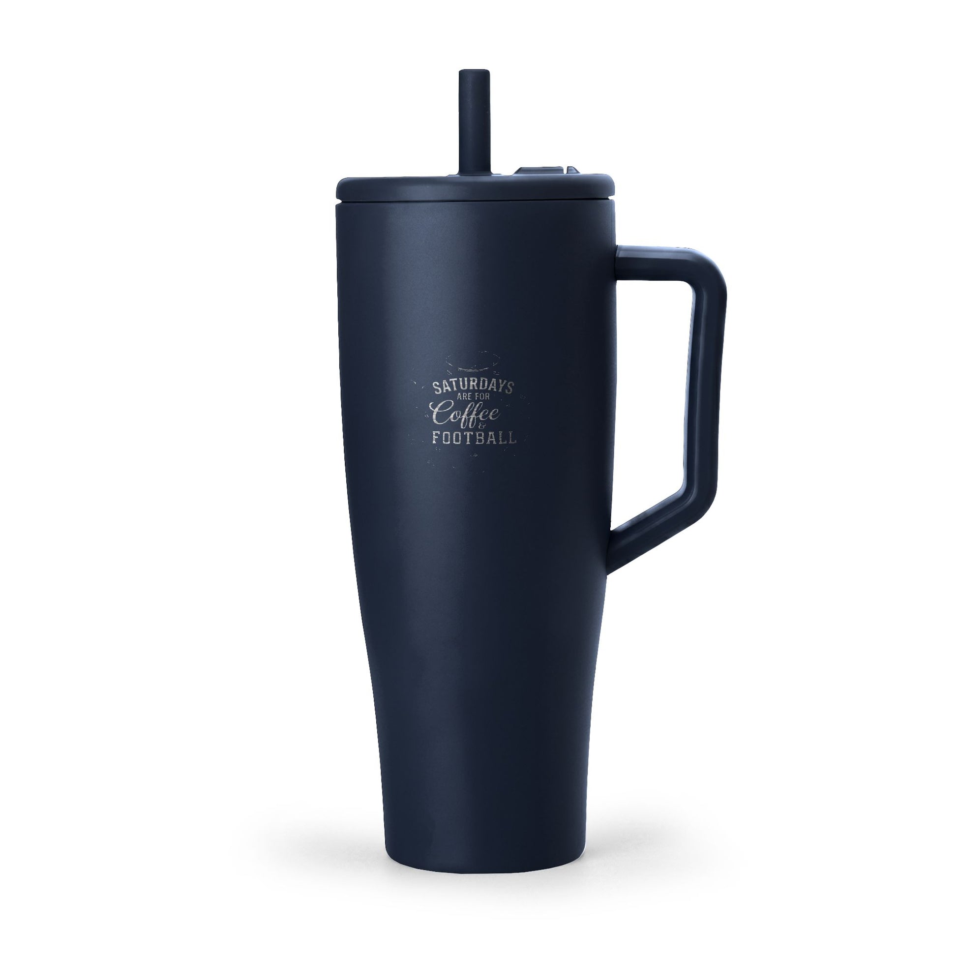 Navy blue insulated mug with handle and straw on a white background