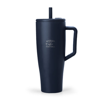 Navy blue insulated mug with handle and straw on a white background