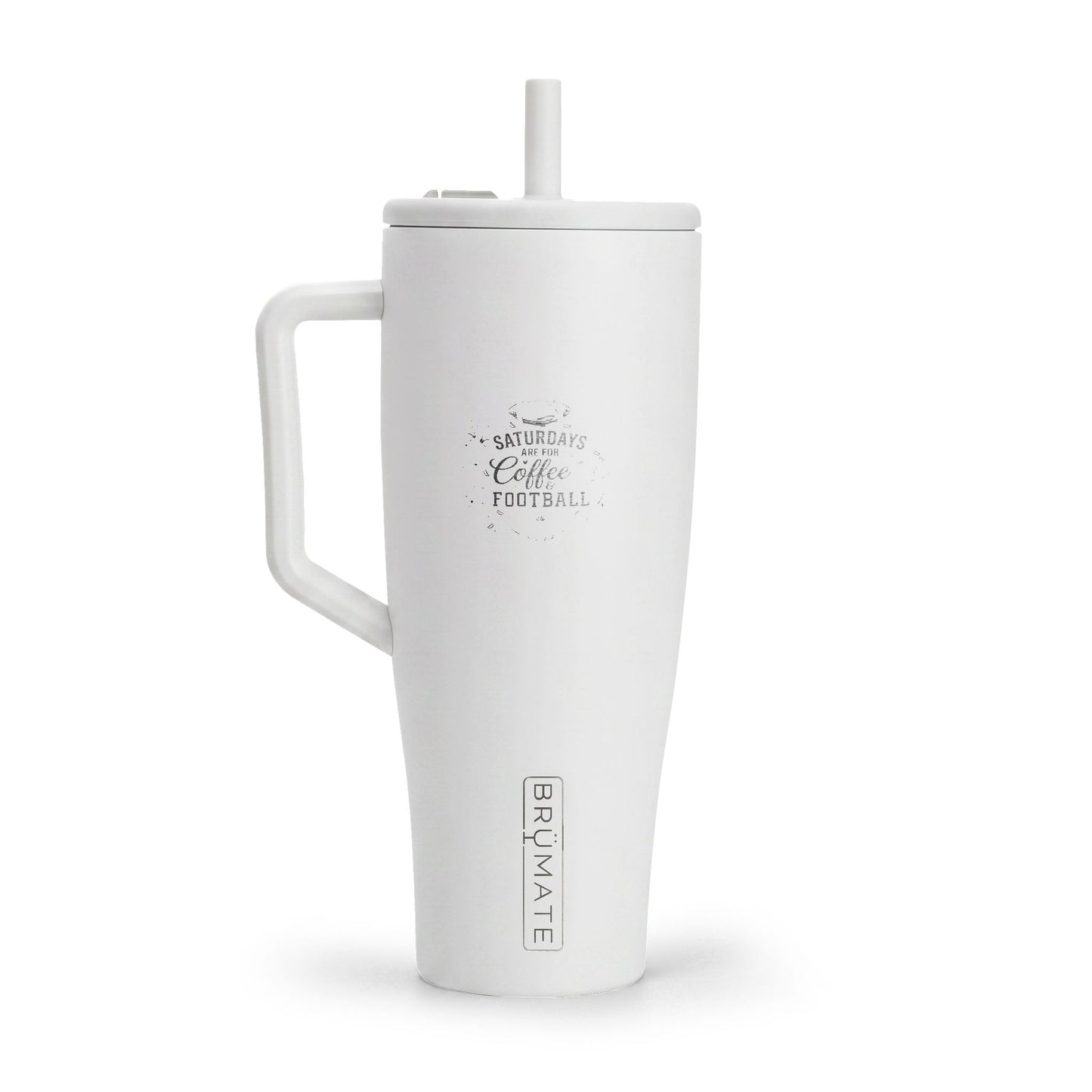 White insulated mug with handle and straw on a white background