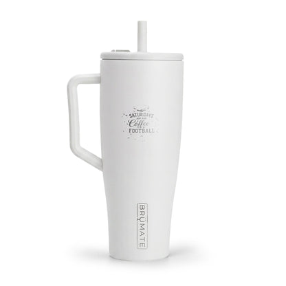 White insulated mug with handle and straw on a white background
