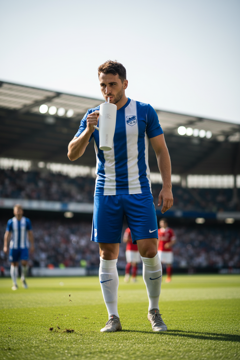 Soccer player in blue and white uniform holding a water bottle on a soccer field.