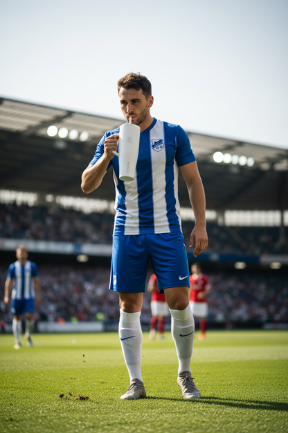 Soccer player in blue and white uniform holding a water bottle on a soccer field.