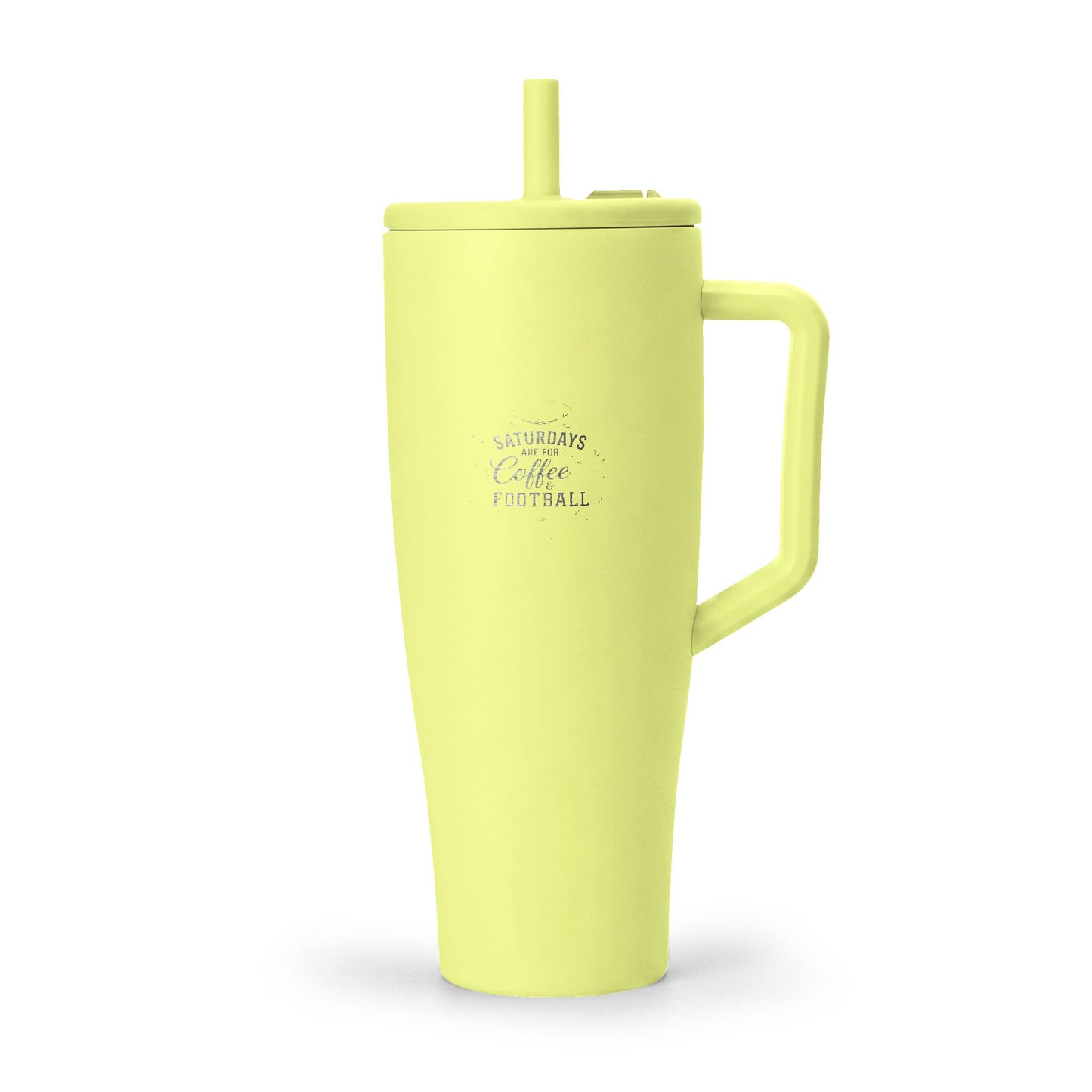 Yellow mug with handle and straw on a white background