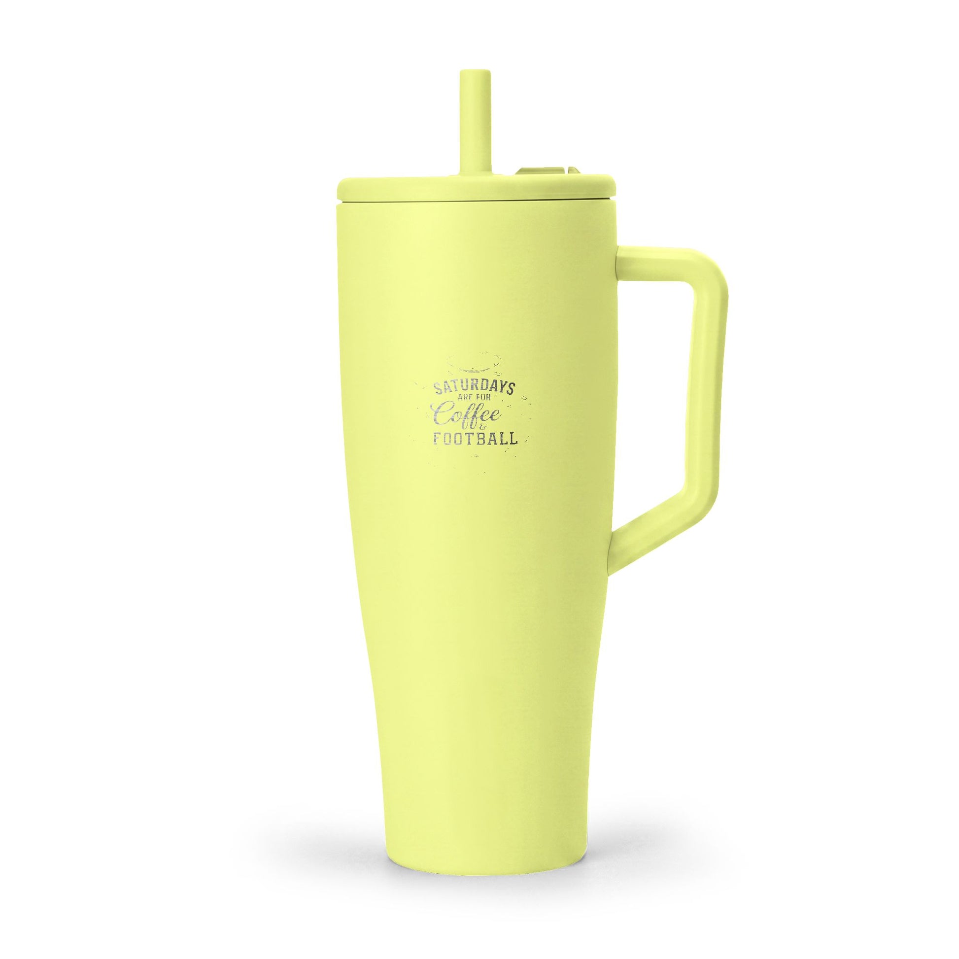 Yellow mug with handle and straw on a white background