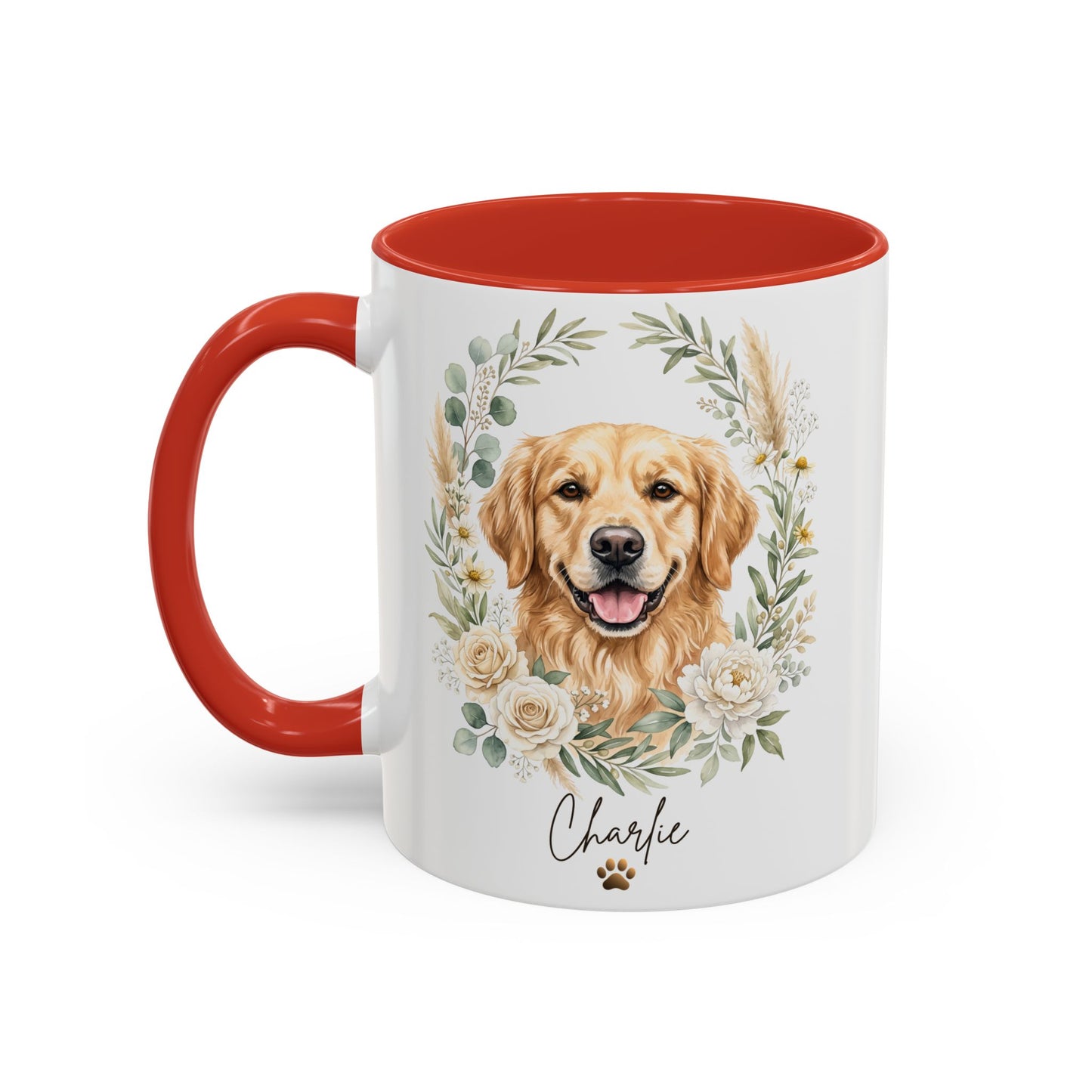 Mug with a golden retriever design and red interior on a white background