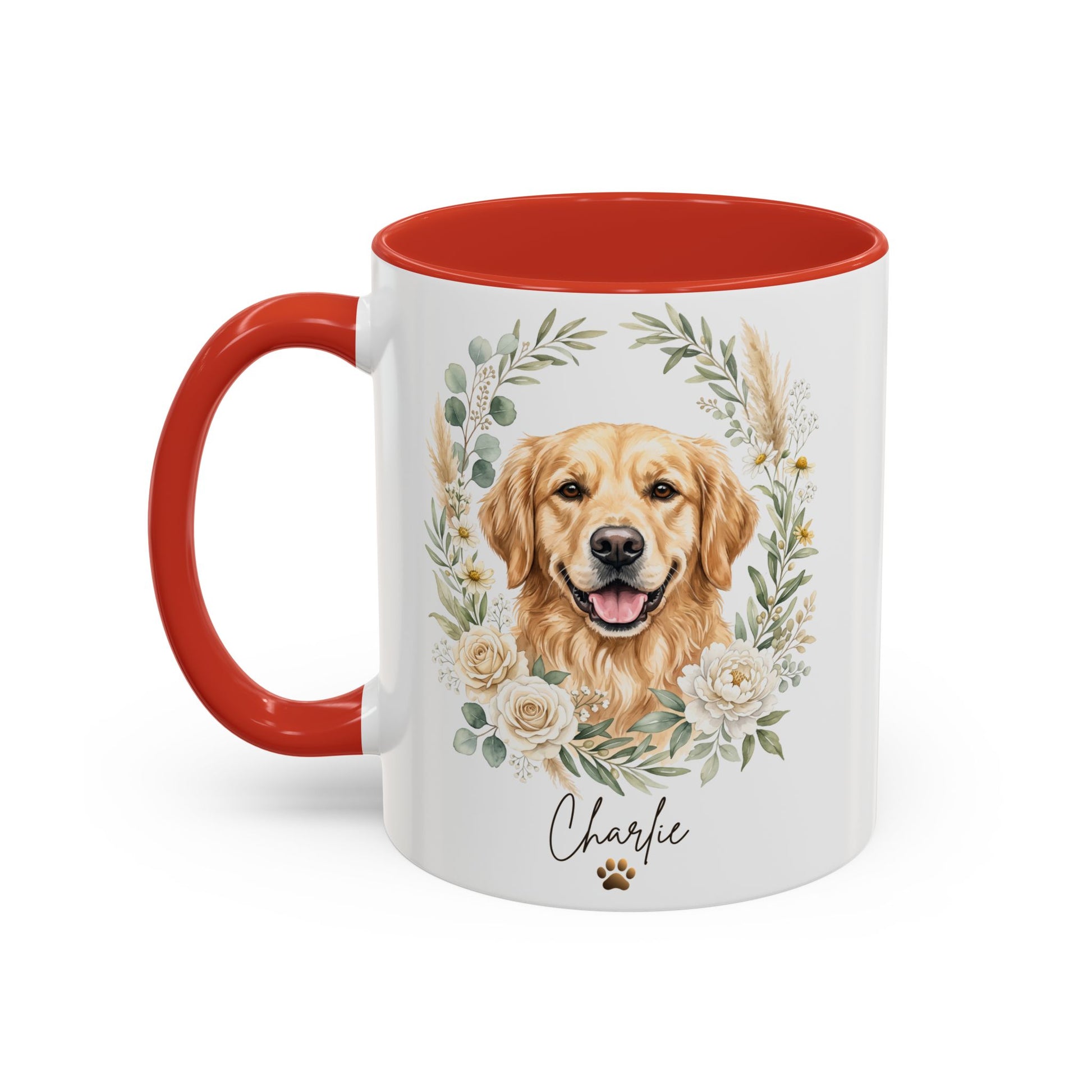 Mug with a golden retriever design and red interior on a white background