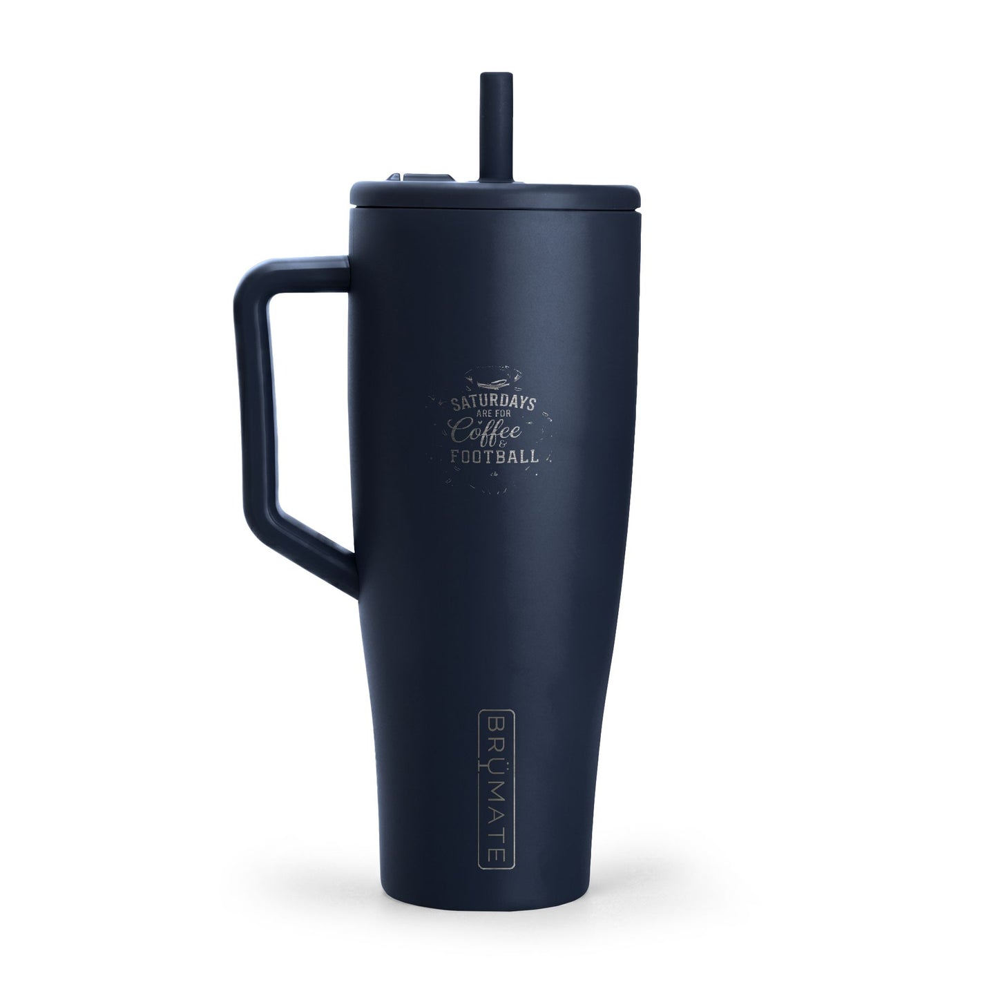 Navy blue travel mug with handle and straw on a white background
