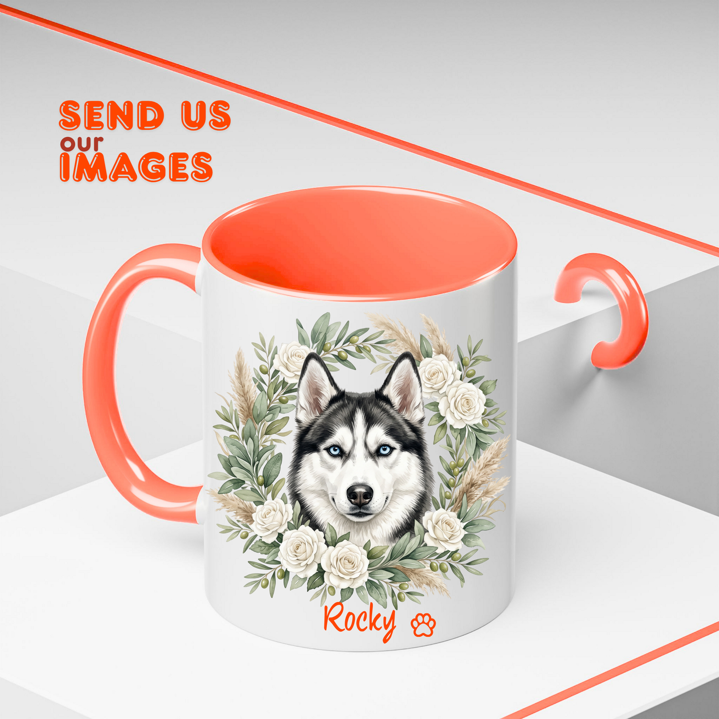 A white ceramic mug with a bright coral-orange handle and interior, featuring a printed illustration of a husky dog surrounded by white flowers and green leaves. The name 'Rocky' and a paw print are printed below the artwork.