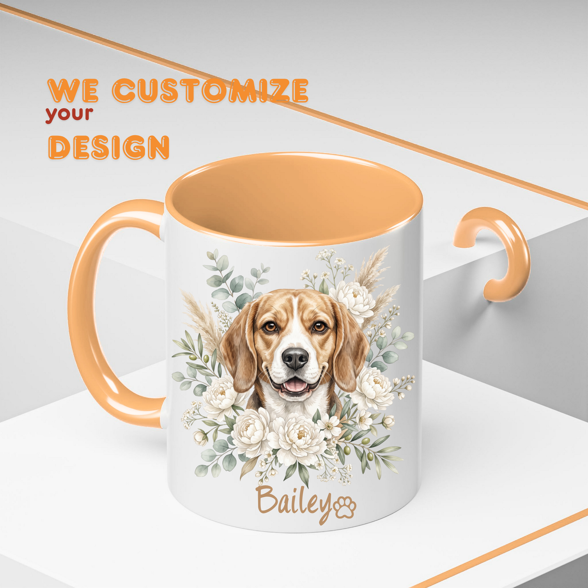 A white ceramic mug with a peach-orange handle and interior, featuring a printed illustration of a beagle dog surrounded by white flowers and green leaves, with the name 'Bailey' and a paw print near the bottom. The mug is shown on a clean white and gray background with promotional text reading 'WE CUSTOMIZE your DESIGN'.