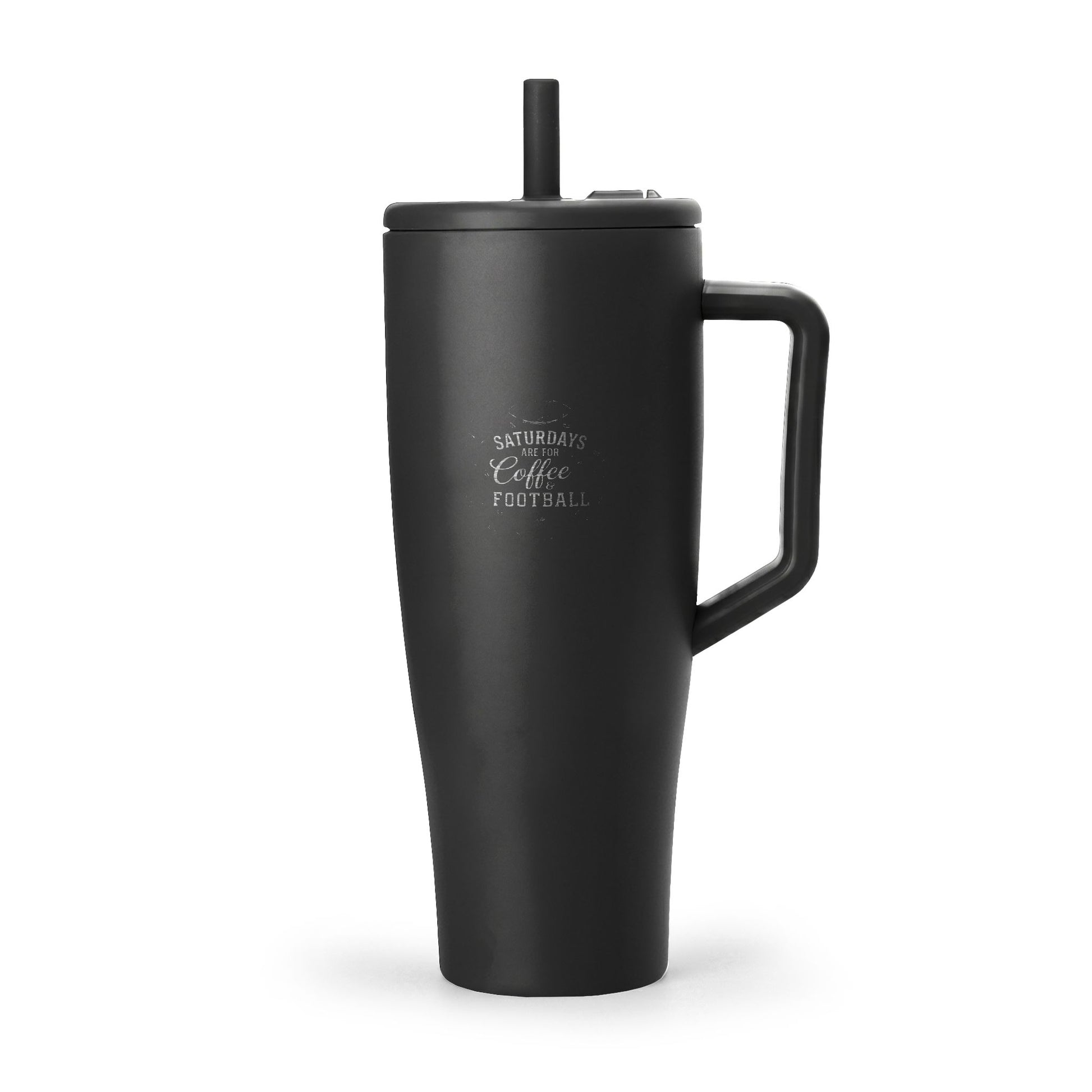 Black insulated mug with handle and straw on a white background
