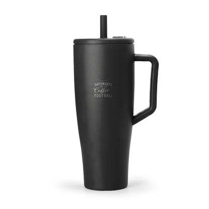 Black insulated mug with handle and straw on a white background