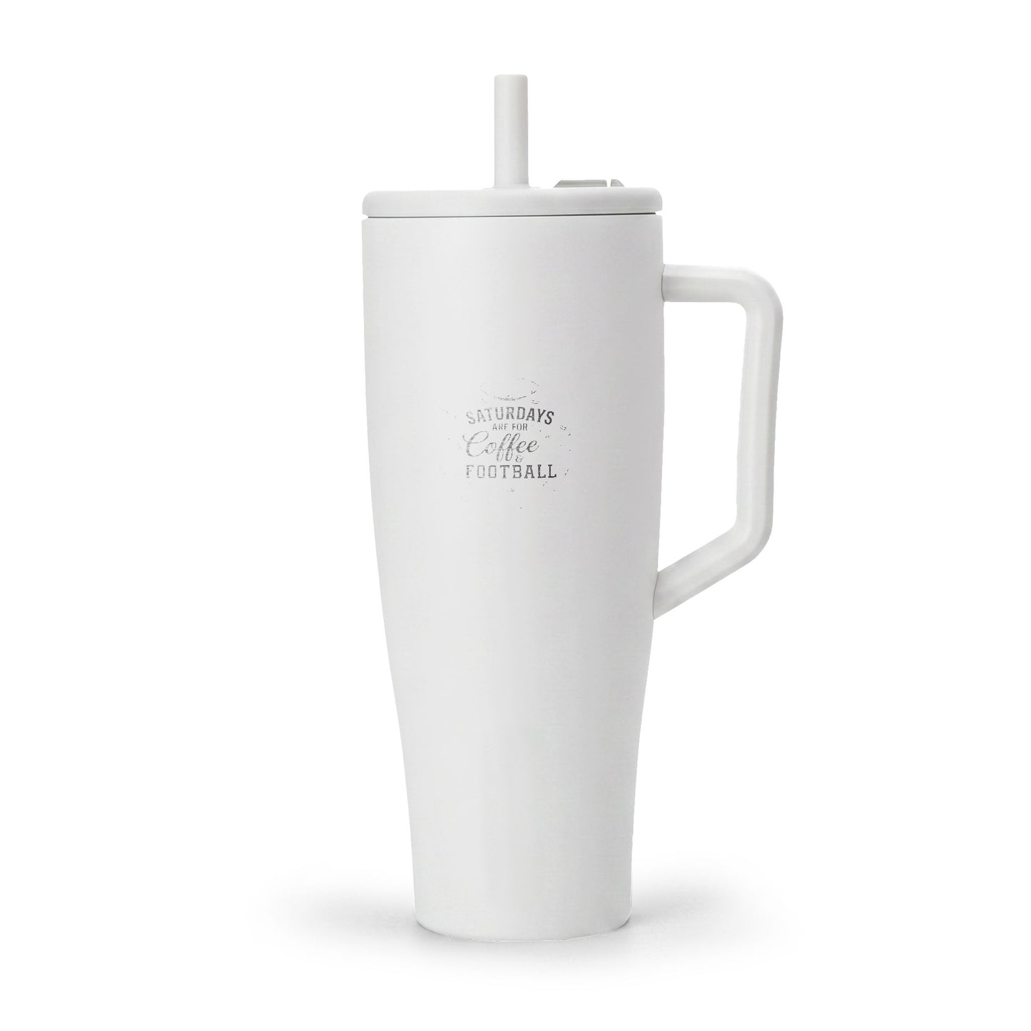 White mug with handle and straw on a white background