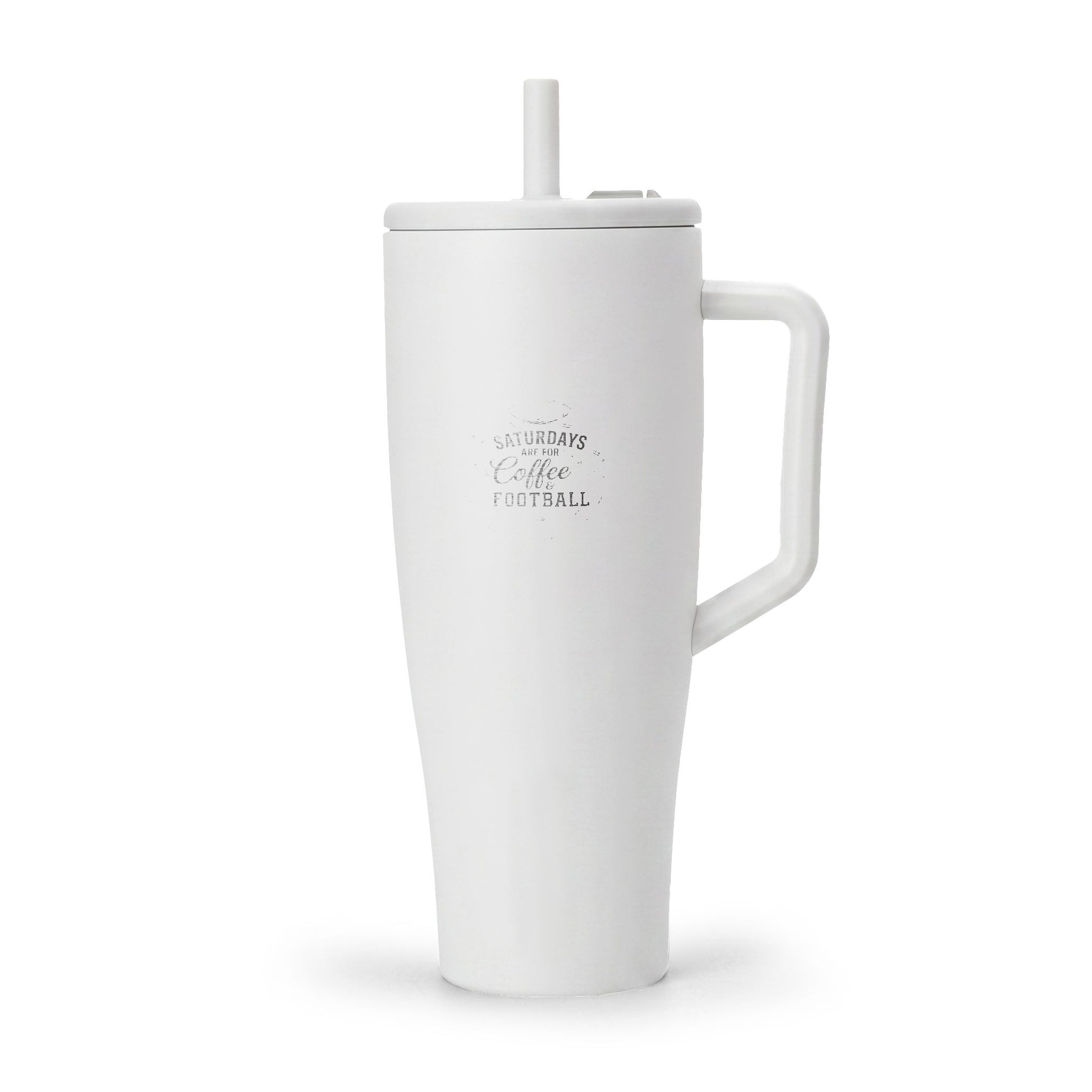 White mug with handle and straw on a white background