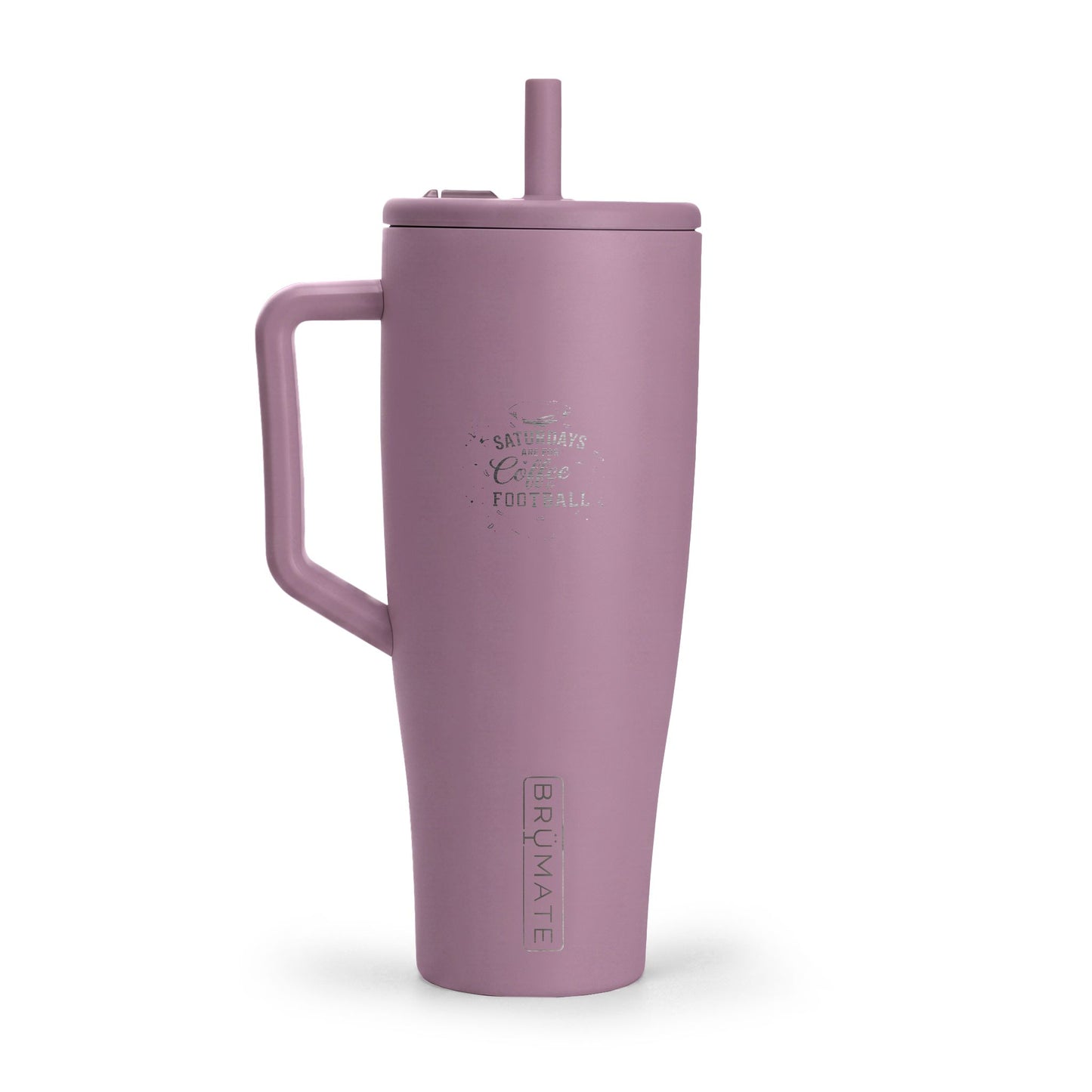 Purple insulated tumbler with handle and straw on a white background