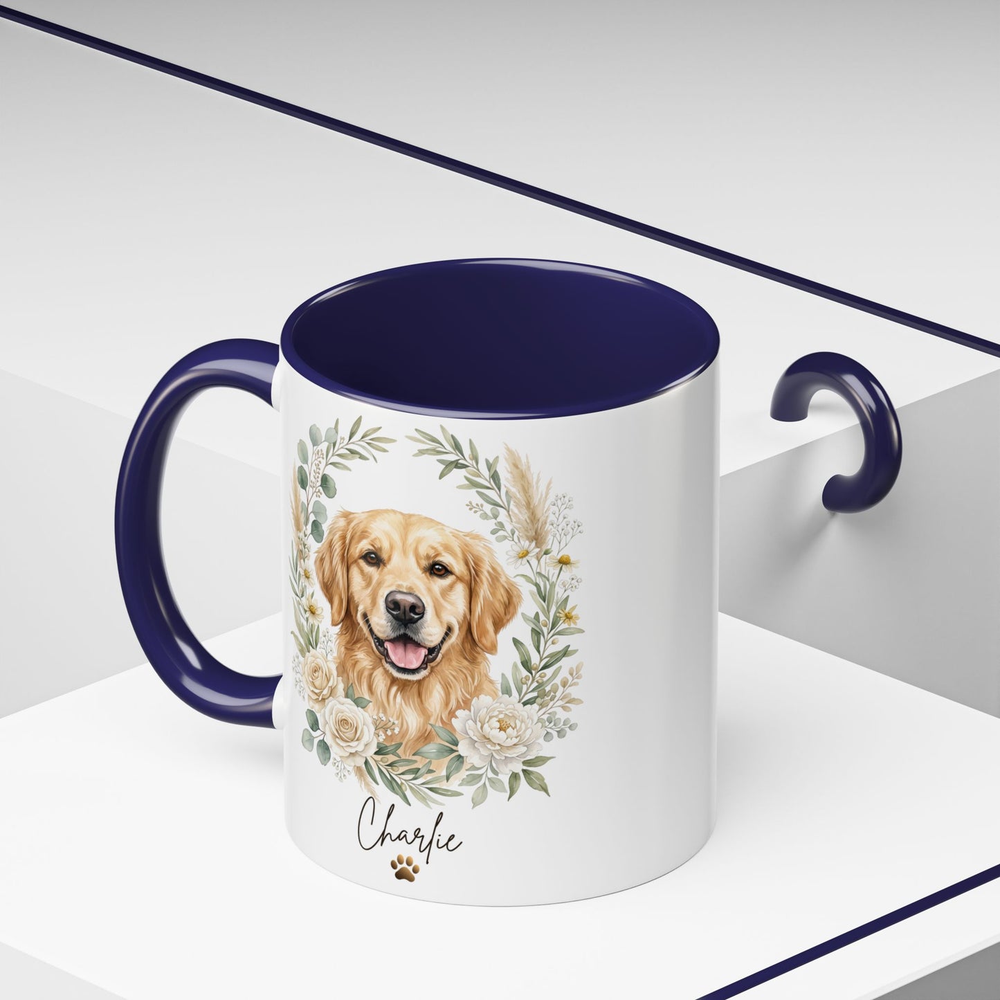 Mug with a golden retriever design and 'Charlie' text on a white background